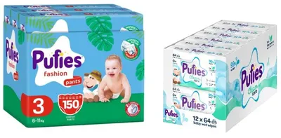 Scutece tip chiloței Pufies Fashion - Mărimea 3, 150 bucati , 6-11 kg, Multipack + luni șervețele umede, 12 х 64 bucati