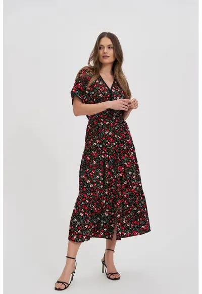 Rochie midi neagra cu flori - Negru