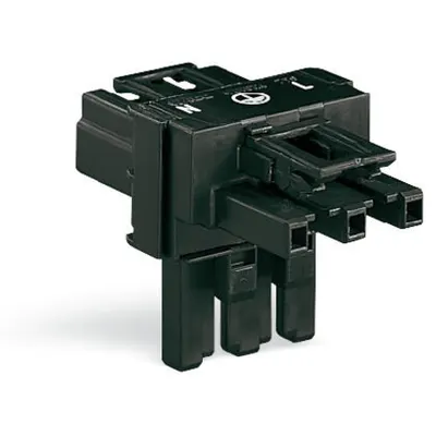 T-distribution connector; 3-pole; Cod. A; 1 input; 2 outputs; 3 locking levers; for flying leads; black