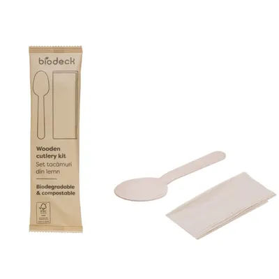 Set Tacamuri de Unica Folosinta, Biodegradabile, Lemn, Lingura XL si Servetel Kraft, 100 Bucati