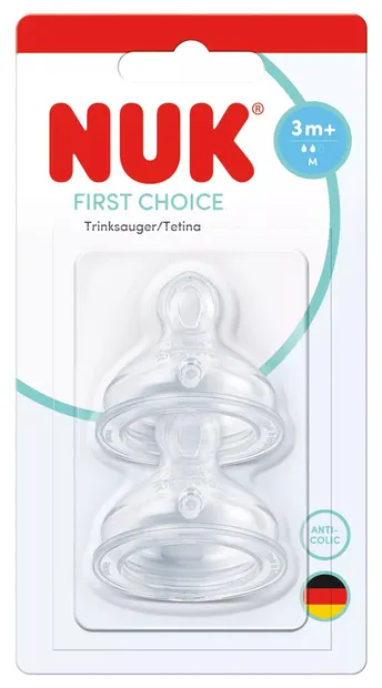 Tetine din silicon pentru sticlă NUK First Choice + - M, 3+ luni, 2 bucăți