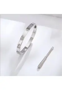 Bratara - LOVE Silver Elegance - otel inoxidabil - placata cu aur alb - 6cm diametru interior