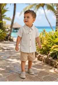 Compleu bebe baieti din muselina cu camasa bej si pantaloni scurti