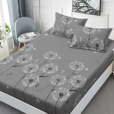 Cearceaf de pat cu elastic Somnart din finet cu imprimeu papadii gri, pentru saltea de 160 x 200 cm cu 2 fete de perna
