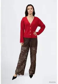 Cardigan slim fit cu decolteu in V - Rosu vermillion