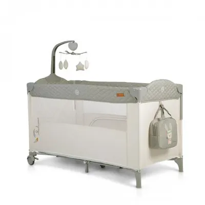 Patut pliabil de calatorie 3in1 Cangaroo Indiana Grey cu 2 nivele, laterala culisanta, organizator haine cu 4 compartimente, segmente plasa de ventilatie, geanta accesorii, saltea si carusel