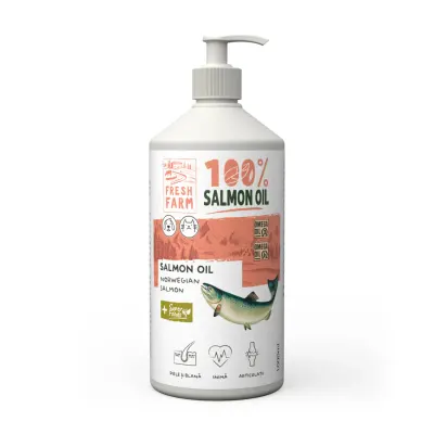 FRESH FARM Ulei de Somon, supliment piele & blană, sistem cardio-vascular câini, ulei FRESH FARM Ulei de Somon, XS-XL, supliment piele & blană, sistem cardio-vascular câini și pisici, flacon, 250ml ulei