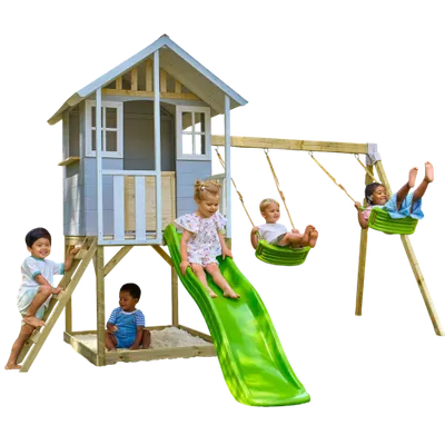 Casuta de gradina TP TOYS, Snowdrop Cottage, cu platforma cu loc pentru nisip, tobogan si leagan dublu, lemn, gri/maro/alb