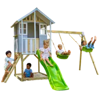 Casuta de gradina TP TOYS, Snowdrop Cottage, cu platforma cu loc pentru nisip, tobogan si leagan dublu, lemn, gri/maro/alb