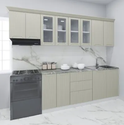 Set bucatarie SPACE 260 cm, 7 corpuri, cu sertare, blat termorezistent, fronturi MDF, crem