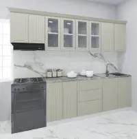 Set bucatarie SPACE 260 cm, 7 corpuri, cu sertare, blat termorezistent, fronturi MDF, crem