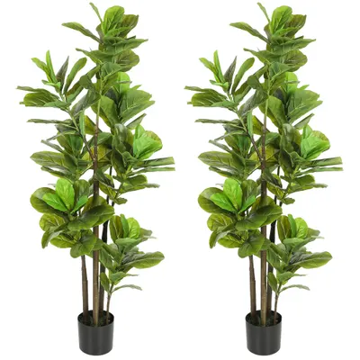 HOMCOM Set de 2 plante artificiale de interior 150 cm, plantă falsă ficus lyre cu ghiveci din ciment, verde | Aosom Romania
