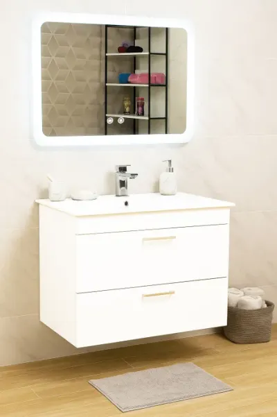 Set Baza cu Lavoar si Oglinda cu iluminare LED, seria 067, suspendata cu sertare, 80 cm, alb