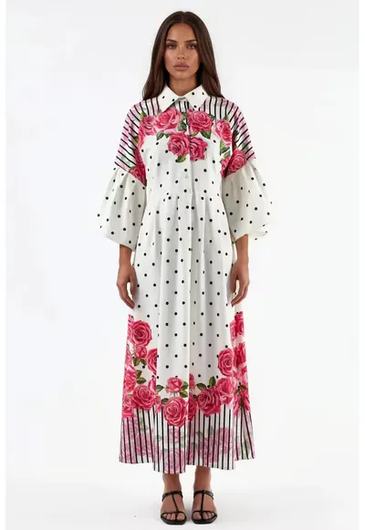 Rochie Maxi - Floral - Alb Murdar - Poliester