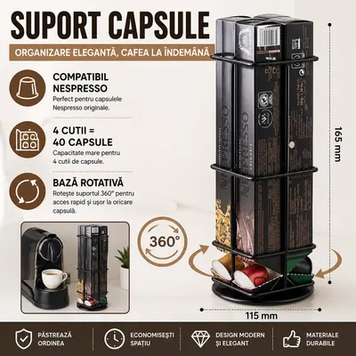 Suport 4 cutii capsule Nespresso, Rotativ, Negru
