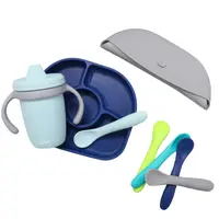 Set de masa complet, BBluv, Set, Include farfurie compartimentata, baveta portabila cu buzunar, Canuta si lingurita, Silicon, Fara BPA, Navy