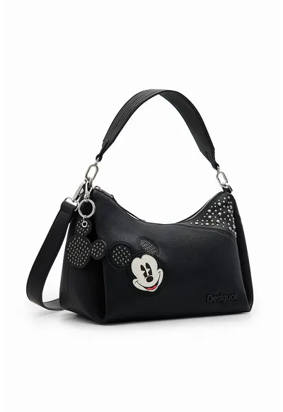 Geanta hobo de piele ecologica cu detaliu Mickey Mouse - Negru