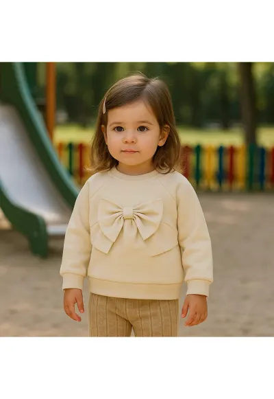 Bluza groasa cu maneca lunga si fundita - - Minimal Optimist - Bej - pentru fetite - Bej