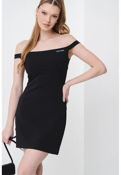 Rochie mini cu decolteu pe umeri si logo discret - Negru