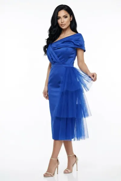 Rochie eleganta conica din tafta de culoare albastra cu design deosebit in partea superioara