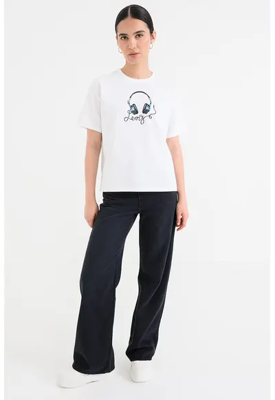 Tricou cu imprimeu si maneci cazute - Alb/Negru/Albastru petrol