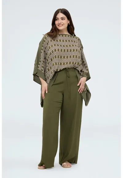 Pantaloni palazzo cu talie ajustabila - Verde masliniu