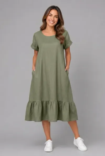 Rochie midi din in cu funda pe spate si volan amplu din batist, kaki