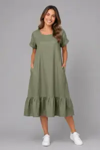 Rochie midi din in cu funda pe spate si volan amplu din batist, kaki