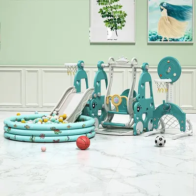 Spatiu de joaca 4 in 1 Nichiduta Garden Happy Turtle Blue cu Leagan convertibil, Tobogan cu trepte late, Margini rotunjite, Poarta de fotbal, Cos de baschet, Piscina cu 200 bile joaca incluse