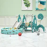 Spatiu de joaca 4 in 1 Nichiduta Garden Happy Turtle Blue cu Leagan convertibil, Tobogan cu trepte late, Margini rotunjite, Poarta de fotbal, Cos de baschet, Piscina cu 200 bile joaca incluse