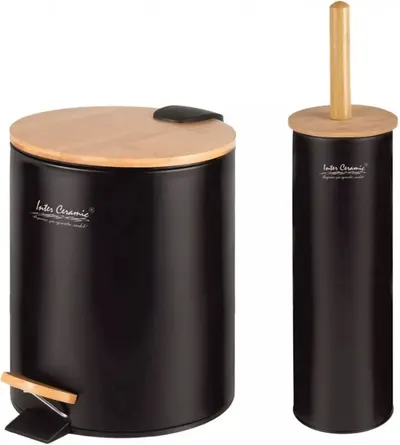 Set coș și perie pentru toaletă Inter Ceramic - 8354В, 5 l, negru-bambus