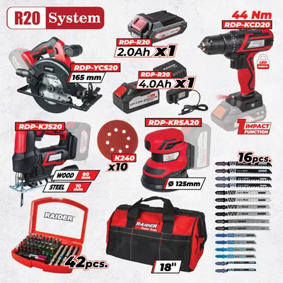 Set de scule și accesorii Raider - R20, 4 mașini, 20V