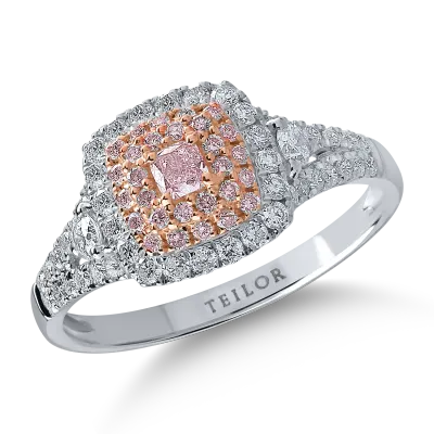 Inel din aur alb-roz cu diamante transparente de 0.51ct si diamante roz cushion si rotunde de 0.23ct