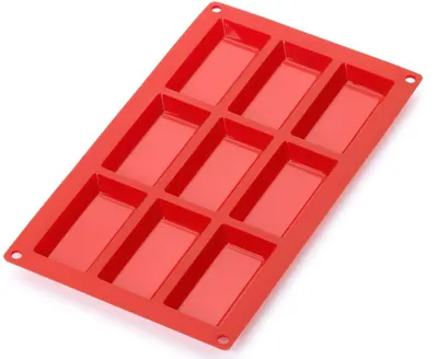 Formă din silicon pentru financiers Lekue - 30 x 17.5 x 1.2 cm, 9 cavități, roșie