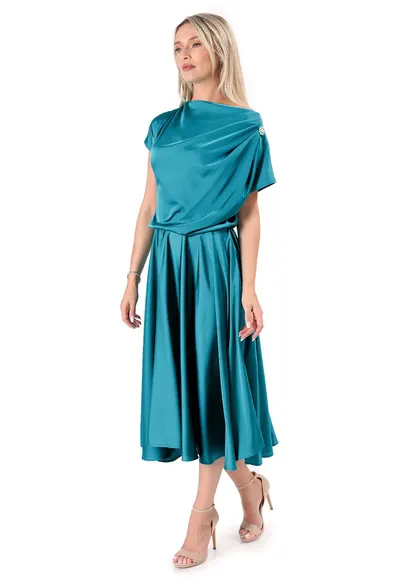 Rochie midi din satin elastic cu decolteu barcuta - Turcoaz