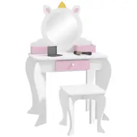ZONEKIZ Masă de toaletă pentru copii cu taburet și oglindă Masă de toaletă pentru fete cu sertar compartimente design unicorn alb | Aosom Romania
