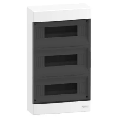 Easy9EU, Cofret cu montaj aparent, 3x12 Module, usa fumurie, cu 2 blocuri terminale