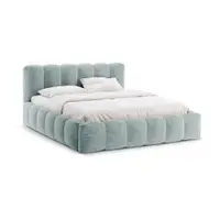 Pat matrimonial albastru deschis tapițat cu spațiu de depozitare cu somieră 180x200 cm Lupine – Micadoni