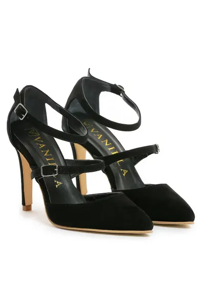 Pantofi Stiletto cu toc subtire Dora - piele naturala intoarsa -negri - Negru