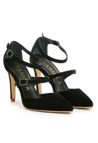 Pantofi Stiletto cu toc subtire Dora - piele naturala intoarsa -negri - Negru