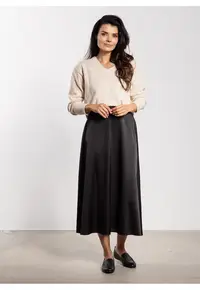 Fusta midi - satin - talie inalta - croiala evazata - negru - poliester