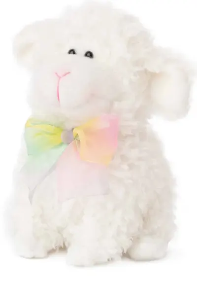 Jucărie de pluș Amek Toys - Oaie albă cu panglică colorată, 28 cm