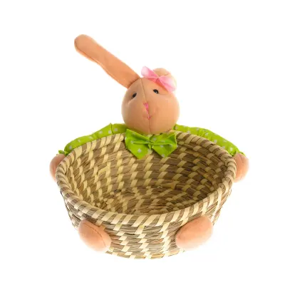 Cos decorativ Paste din rachita cu iepuras textil si fundita roz