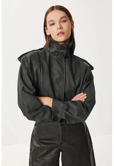 Geaca bomber - Happiness Istanbul - piele intoarsa - verde inchis