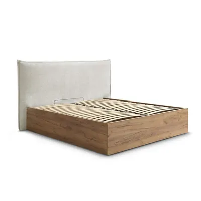 Pat matrimonial crem tapițat/din placă aglomerată de lemn tapițat cu spațiu de depozitare cu somieră 160x200 cm Charlie – Bobochic Paris