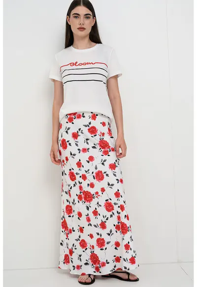 Fusta maxi cu imprimeu floral - Negru stins/Rosu cireasa/Alb optic/Rosu capsuna