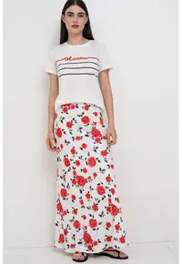 Fusta maxi cu imprimeu floral - Negru stins/Rosu cireasa/Alb optic/Rosu capsuna
