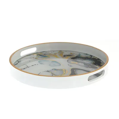 Tava decorativa rotunda cu model marmorat si margine aurie 35 cm