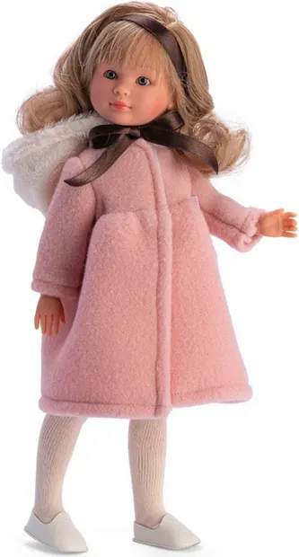 Papusa Asi - Celia, cu palton roz de lana si gluga, 30 cm