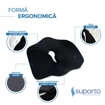 Set perna pentru sezut semi-colac si perna lombara confort Suporto negru